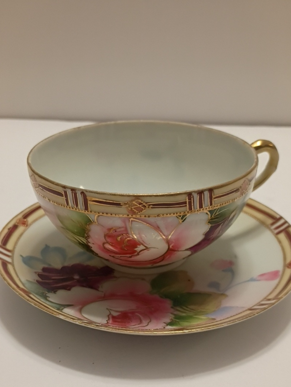 Vintage Hand-Painted Floral Porcelain Teacup and Saucer